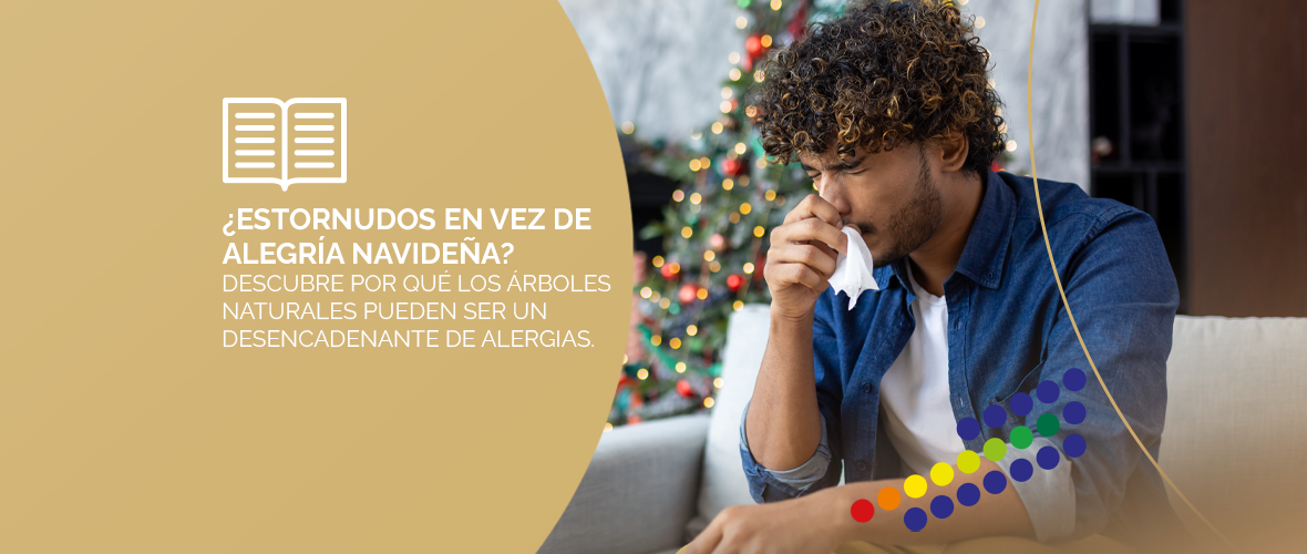 Persona estornudando cerca de un árbol de Navidad natural