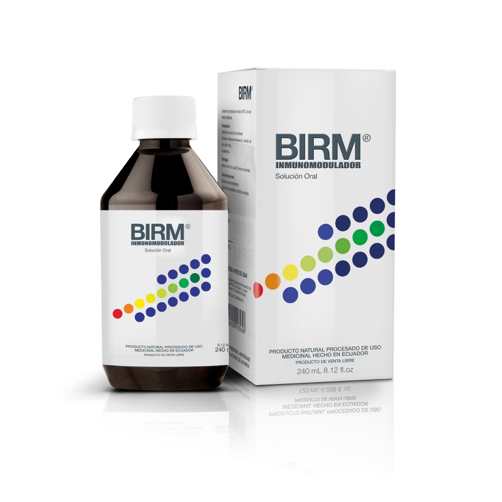 Caja y bote de BIRM Inmunomodulador Preventivo en Solución oral (120ml). Producto natural procesado de uso medicinal.