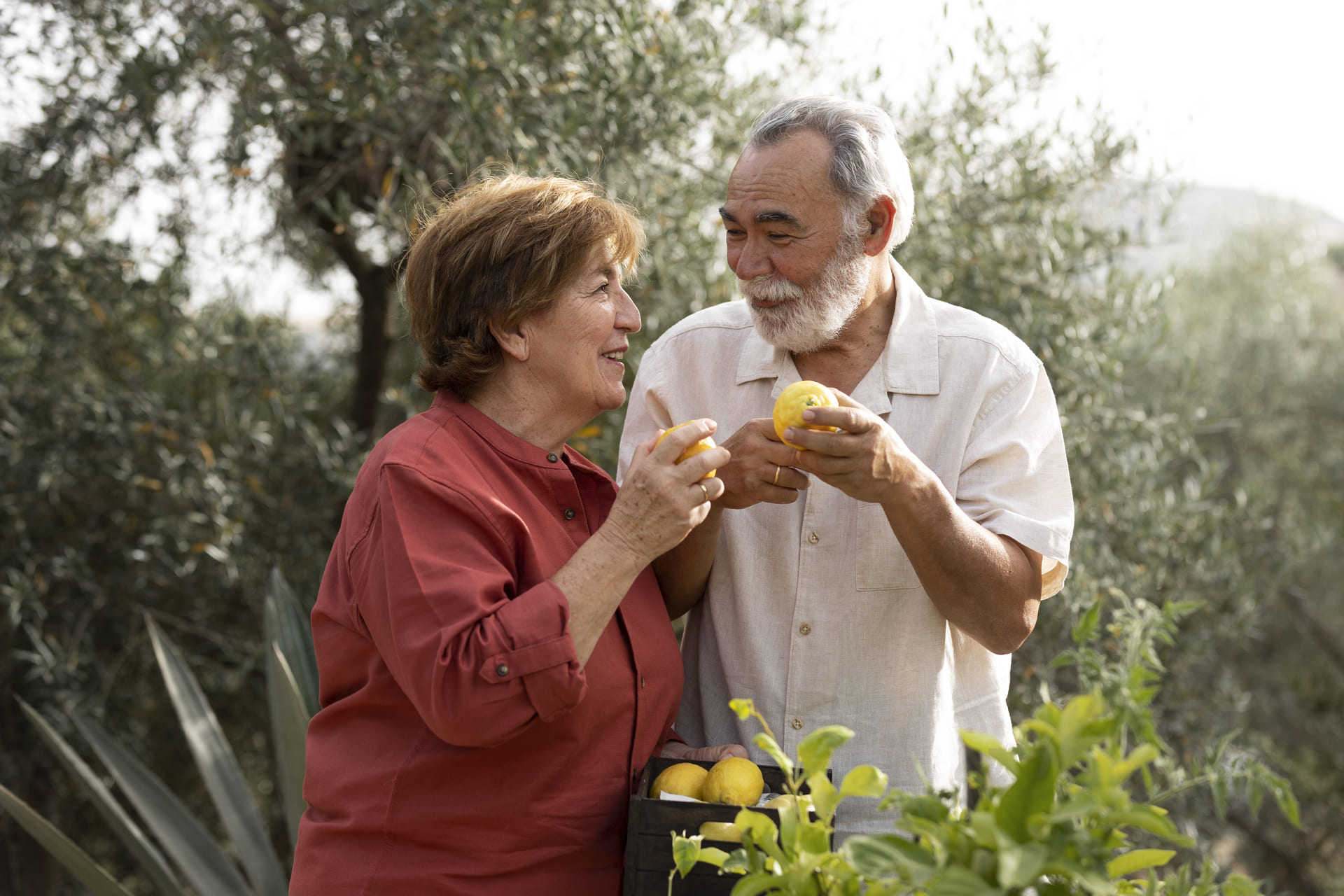 Pareja de personas mayores comiendo antioxidantes naturales